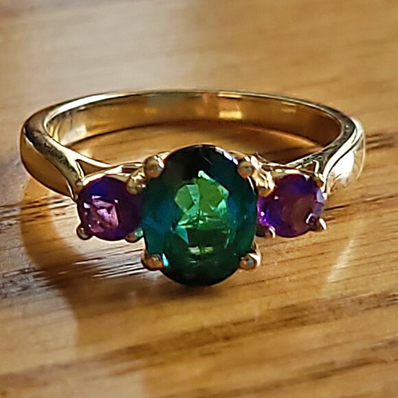 14K Gold Tourmaline and Amethyst Ring - Picture 1 of 7